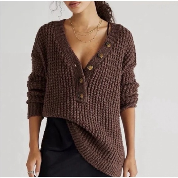 Free People Sweaters - Free People Whistle Thermal Henley Sweater Brownstone Combo S Oversized Boho